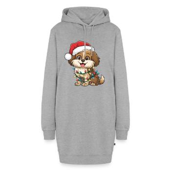 Weihnachtshund mit Lichterkette - Hoodie-Kleid - Grau meliert - Vorne