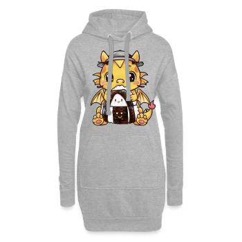 Kawaii Drache mit großem Onigiri Reisball - Hoodie-Kleid - Grau meliert - Vorne