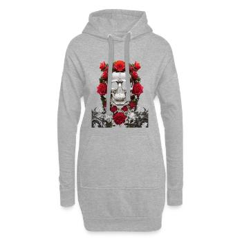 Crâne et couronne de roses rouges - Sweat-shirt à capuche long Femme - gris chiné - Devant