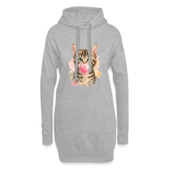Katze mit rosa Kaugummiblase - Hoodie-Kleid - Grau meliert - Vorne