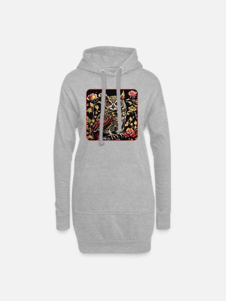 Eule mit Rosenblüten Ranken in Holzschnittoptik - Hoodie-Kleid - Grau meliert