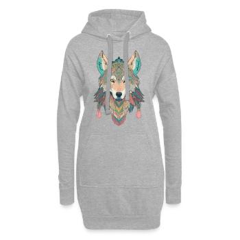 Animal spirituel, loup, plume, symbole de protection, pastel - Sweat-shirt à capuche long Femme - gris chiné - Devant