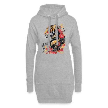 Jugendstil - bunter Tiger und Blumen - Hoodie-Kleid - Grau meliert - Vorne