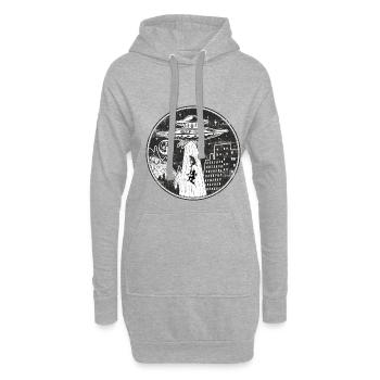 Alien UFO enlève un logo de chien et de propriétaire - Sweat-shirt à capuche long Femme - gris chiné - Devant