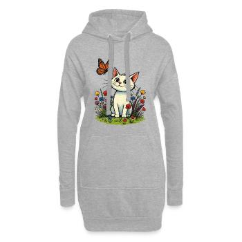 Chat blanc avec papillon sur la prairie fleurie - Sweat-shirt à capuche long Femme - gris chiné - Devant