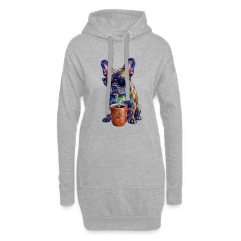 Coole Französische Bulldogge mit Kaffee - Hoodie-Kleid - Grau meliert - Vorne