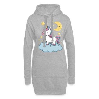 Kawaii Einhorn mit Wolken, Mond und Sternen - Hoodie-Kleid - Grau meliert - Vorne