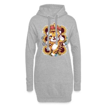 Tiger mit Krone und prachtvollen Sonnenblumen - Hoodie-Kleid - Grau meliert - Vorne
