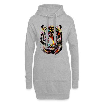 Bunter Tiger - Gelber Tigerkopf - Tiger Zeichnung - Hoodie-Kleid - Grau meliert - Vorne