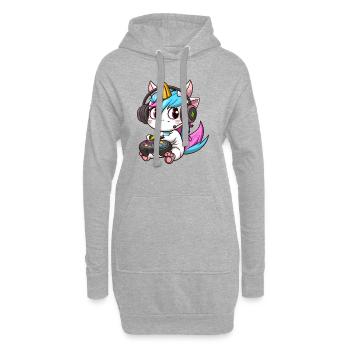 00234 süßes Einhorn mit Headset und Controller - Hoodie-Kleid - Grau meliert - Vorne