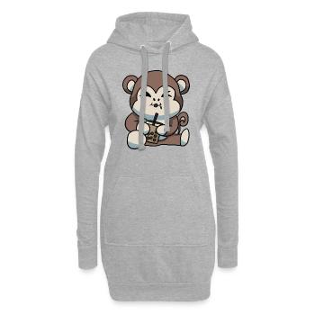 Anime Kawaii Bubble Tea Drinking Monkey Hand Drawn - Hoodie Dress - heather grey - Front