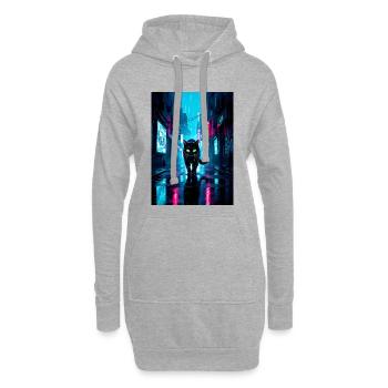 Schwarze CyberpunkKatze in neonfarbener Regenstadt - Hoodie-Kleid - Grau meliert - Vorne