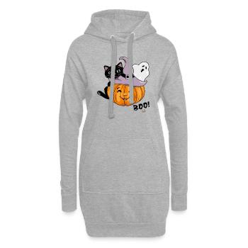 Lächelnder Kürbis mit schwarzer Katze und Geist - Hoodie-Kleid - Grau meliert - Vorne
