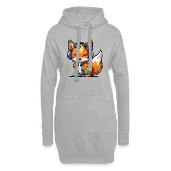Kawaii Süßer Fröhlicher Bunter Fuchs mit Kopfhörern - Hoodie-Kleid - Grau meliert - Vorne