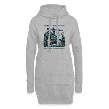 "Erforsche das Vergessene, entdecke das Unbekannte" - Hoodie-Kleid - Grau meliert - Vorne