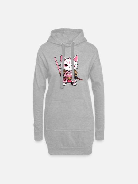 Samurai Cat & Cherry Blossoms #9 - Hoodie Dress - heather grey