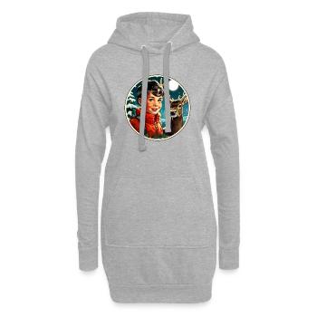 Junge neben Hirsch im verschneiten Wald - Hoodie-Kleid - Grau meliert - Vorne
