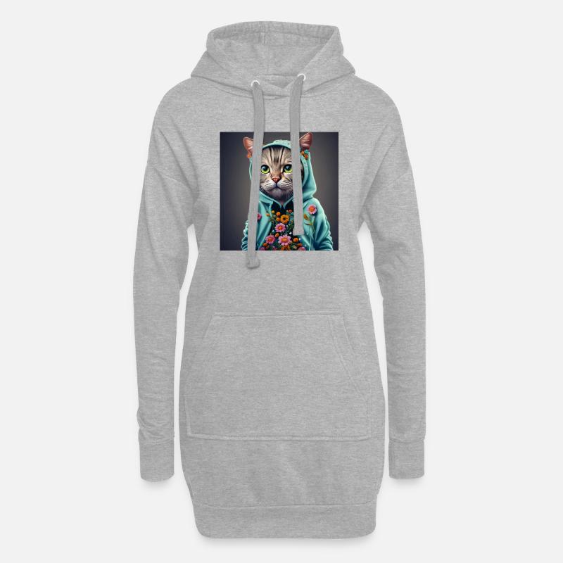 chat avec capuche et fleurs - Sweat-shirt à capuche long Femme - gris chiné