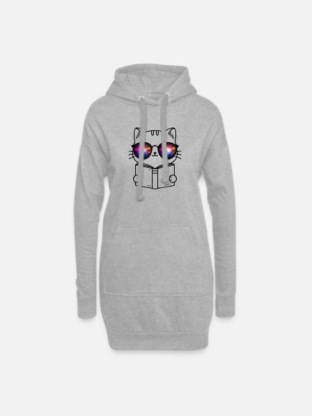 Schwarze Nerd Katze mit bunten Augen - Hoodie-Kleid - Grau meliert