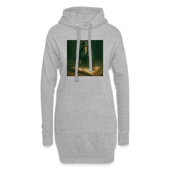 Hauptfigur eines Kriminalromans klettert aus dem Buch - Hoodie-Kleid - Grau meliert - Vorne