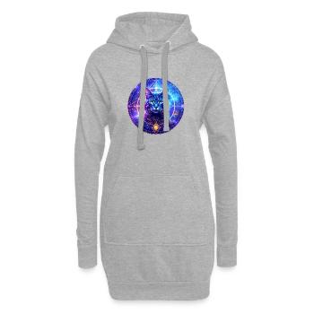 "Mystische Katze im kosmischen Energiefeld" - Hoodie-Kleid - Grau meliert - Vorne