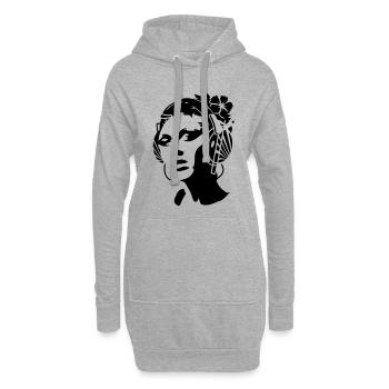 junge Frau mit Kopfhörer und Blume im Haar - Hoodie-Kleid - Grau meliert - Vorne