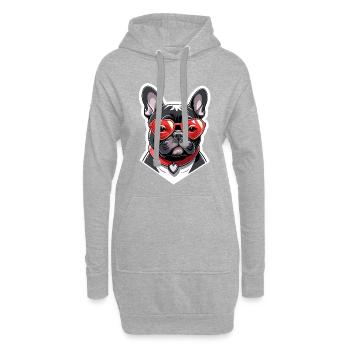 Französische Bulldogge mit Herzbrille und Halsband - Hoodie-Kleid - Grau meliert - Vorne