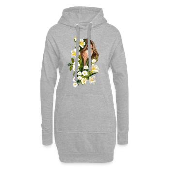 BELIA Illustration Frau mit weißen Blumen - Hoodie-Kleid - Grau meliert - Vorne