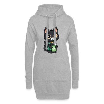 Niedliche Katze mit Trinkbecher trinkt Bubble Tee - Hoodie-Kleid - Grau meliert - Vorne