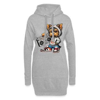 Ein cooler Yorkie Yorkshire Terrier mit einem 90er - Hoodie-Kleid - Grau meliert - Vorne