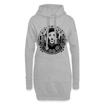 Trottoir urbain – femme, casque audio, portail - Sweat-shirt à capuche long Femme - gris chiné - Devant