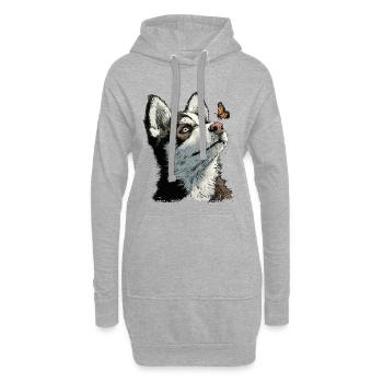 Curious husky puppy and butterfly - Hoodie Dress - heather grey - Front