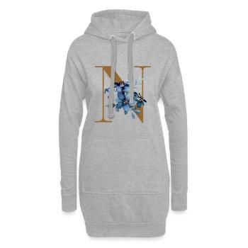 Lettre N avec fleurs bleues - Sweat-shirt à capuche long Femme - gris chiné - Devant