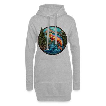 Regenbogenforelle – Buntes Angler & Naturmotiv - Hoodie-Kleid - Grau meliert - Vorne