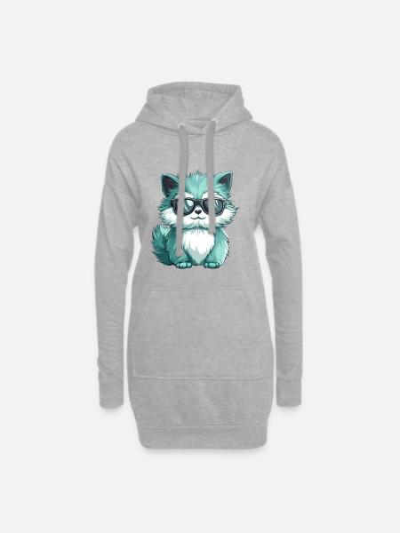 Cute Fluffy Cat Cartoon Kawaii Wearing Sunglasses - Hoodie Dress - heather grey