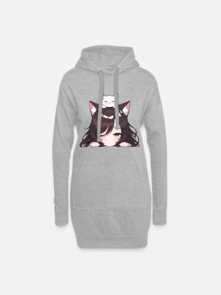 Anime Mädchen mit Katze Neko Girl - Hoodie-Kleid - Grau meliert