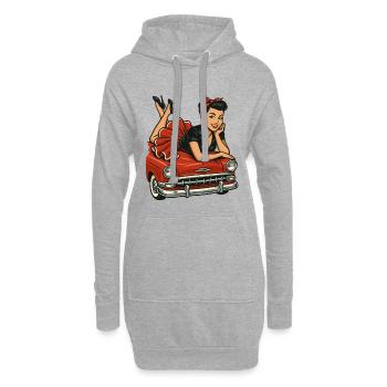 Femme pin-up sur une voiture vintage : look rétro rockabilly - Sweat-shirt à capuche long Femme - gris chiné - Devant