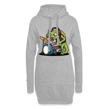 Caméléon Batteur Rock Musique Mascotte Cartoon - Sweat-shirt à capuche long Femme - gris chiné - Devant