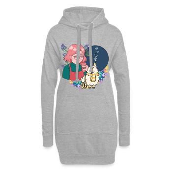 Manga-Mädchen mit Kaffee und Lama im Rollstuhl - Hoodie-Kleid - Grau meliert - Vorne