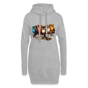 Cooles buntes Eulen Motiv - 5 Eulen - Hoodie-Kleid - Grau meliert - Vorne