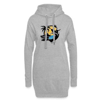 un palmier, fleurs d'hibiscus, une île,une vague - Sweat-shirt à capuche long Femme - gris chiné - Devant