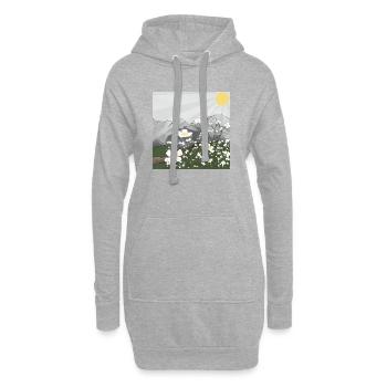 Weiße Blumen-Wiese vor Bergpanorama im Frühling - Hoodie-Kleid - Grau meliert - Vorne