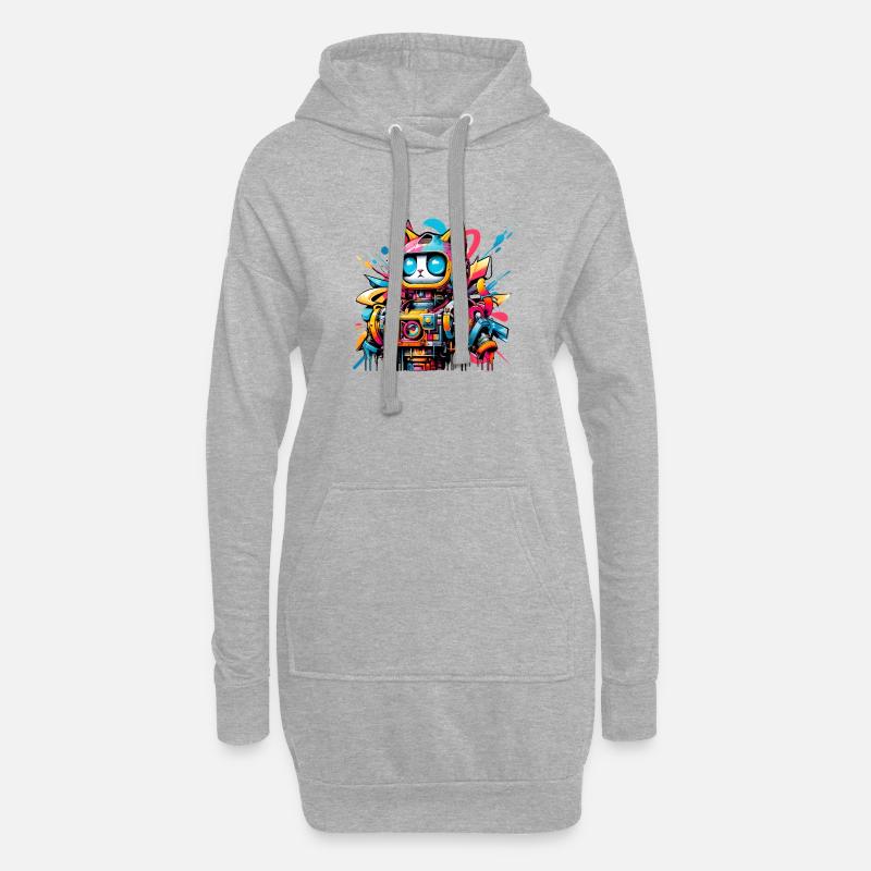 Katze gestaltet als Roboter im Comic Graffiti Stil - Hoodie-Kleid - Grau meliert