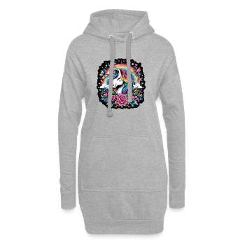 Regenbogen-Einhorn zwischen Rosen und Schmetterlingen - Hoodie-Kleid - Grau meliert - Vorne