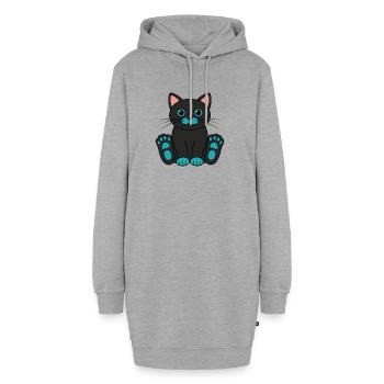 Schwarze Cartoon Katze Türkis Pfoten Augen - Hoodie-Kleid - Grau meliert - Vorne
