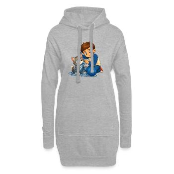 Junge befreit Katze sanft aus blauem Wollknäuel - Hoodie-Kleid - Grau meliert - Vorne