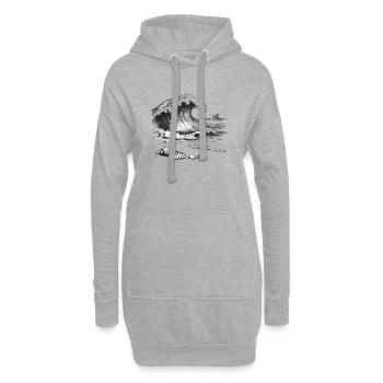 Grosse vague océanique avec île à palmiers et coquillages - Sweat-shirt à capuche long Femme - gris chiné - Devant