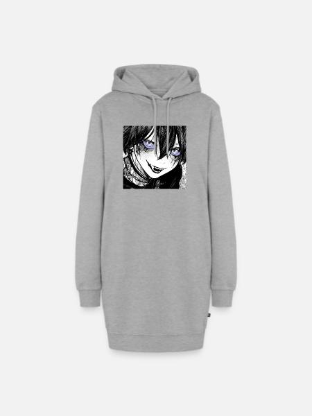 Dunkler Manga-Schrecken mit Blautönen - Hoodie-Kleid - Grau meliert