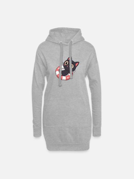 Schwarze Katze auf Bojenblüten - Hoodie-Kleid - Grau meliert