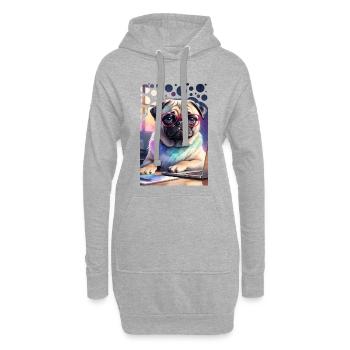 Bürohund Mops mit Laptop und pinker Brille Pop Art - Hoodie-Kleid - Grau meliert - Vorne